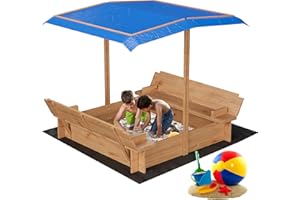 OUTGOODS Wooden Sandbox with Lid＆Cover, Outdoor Sand Box with 2 Bench Seats, Bottom Liner, Adjustable Height & Rotatable Canopy for Ages 3-8, Spacious Kids Sand Pit for Beach, Patio, Backyard(47x47in)
