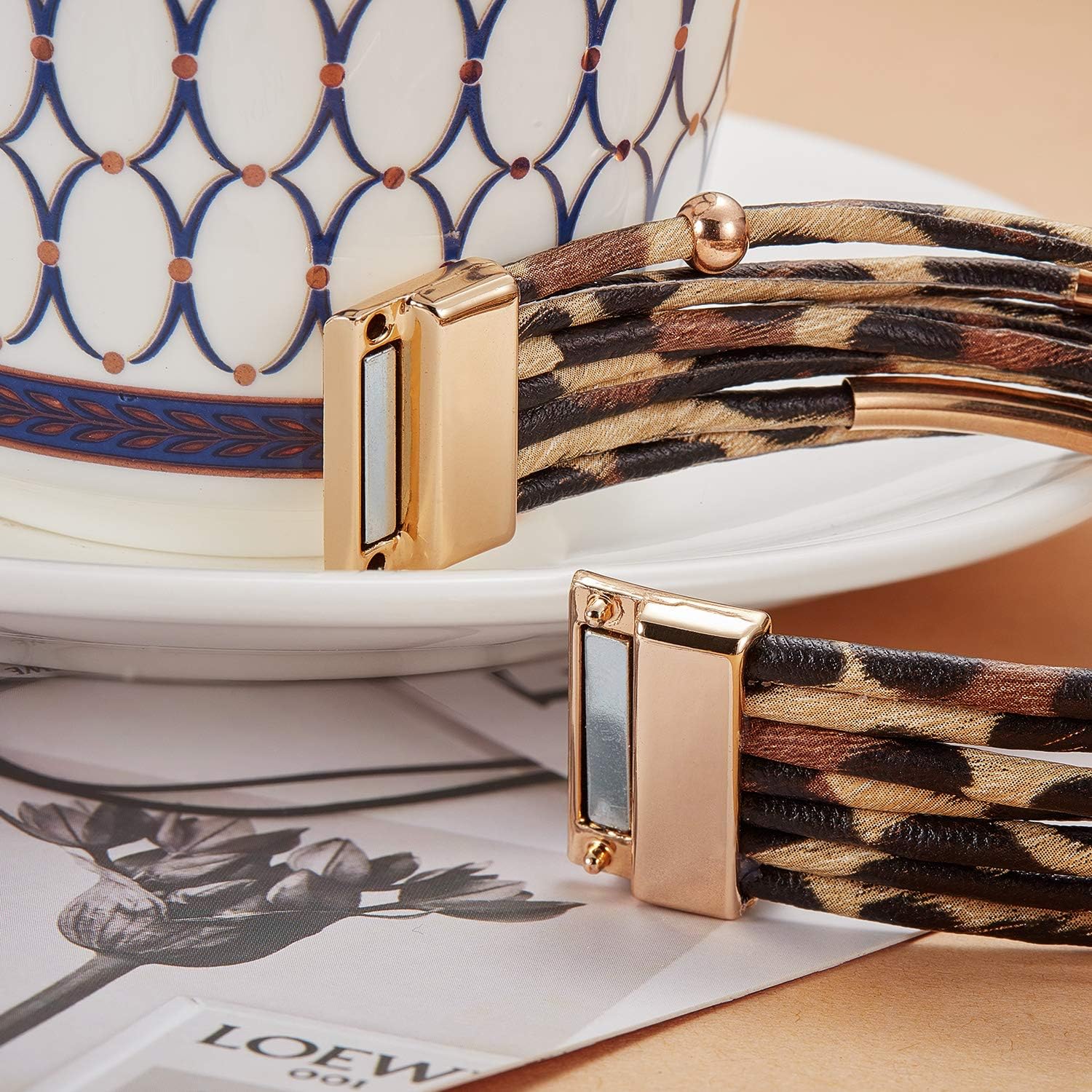 Hicarer Leopard Bracelets Leopard Tube Bracelet Multilayer Leather Cuff Bracelet and Boho Leopard Earrings for Women Girls (Beige): Jewelry