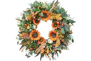 Pinkpuii Fall Wreaths for Front Door Outside– 24 Inch Autumn Wreath with Sunflowers, Pumpkins, Boxwood Eucalyptus Leaves & Berries- Indoor Outdoor Farmhouse Home Wall Porch Fall Door Decorations