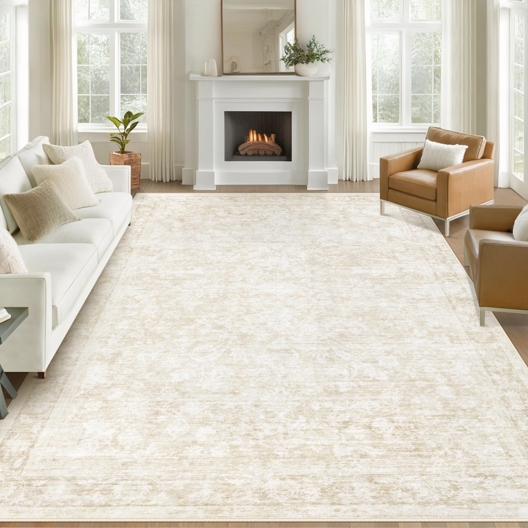 Photo 1 of 8x10 Area Rugs for Living Room: Washable Large Vintage Floral Rug Low Pile Non-Slip Boho Carpet for Bedroom Dining Home Office (Beige, 8'x10')