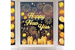 Whaline 6 Sheets New Year Window Clings New Years Eve Window Decal Champagne Firework Double-Sided Golden Yellow Window Stickers Reusable for Home School Office Decor