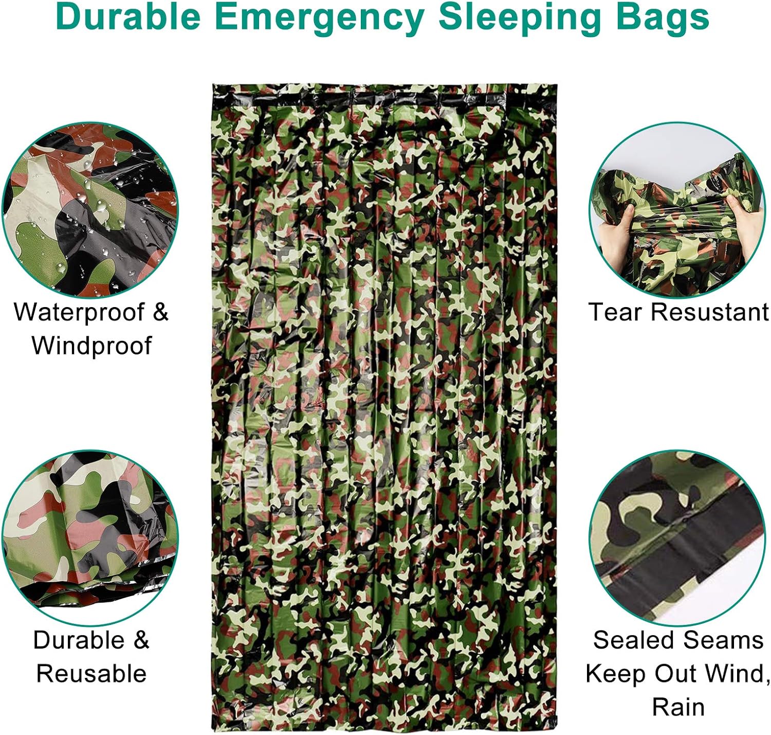 EEEKit 2Pack Emergency Sleeping Bag, Waterproof Lightweight Survival Bivy Sack, Thermal Emergency Shelter Compact Survival Blanket Bags with Survival Whistle for Outdoor Hiking Camping, Camouflage : Sports & Outdoors