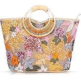 QTKJ Tote Bag for Women, Beach Bag, Sequin Embroidery Straw Bag, Hand-Woven Rounded Bamboo Handle, Bohemian Handbag Large Capacity Shoulder Bag Suitable for Travel Daily(Orange)
