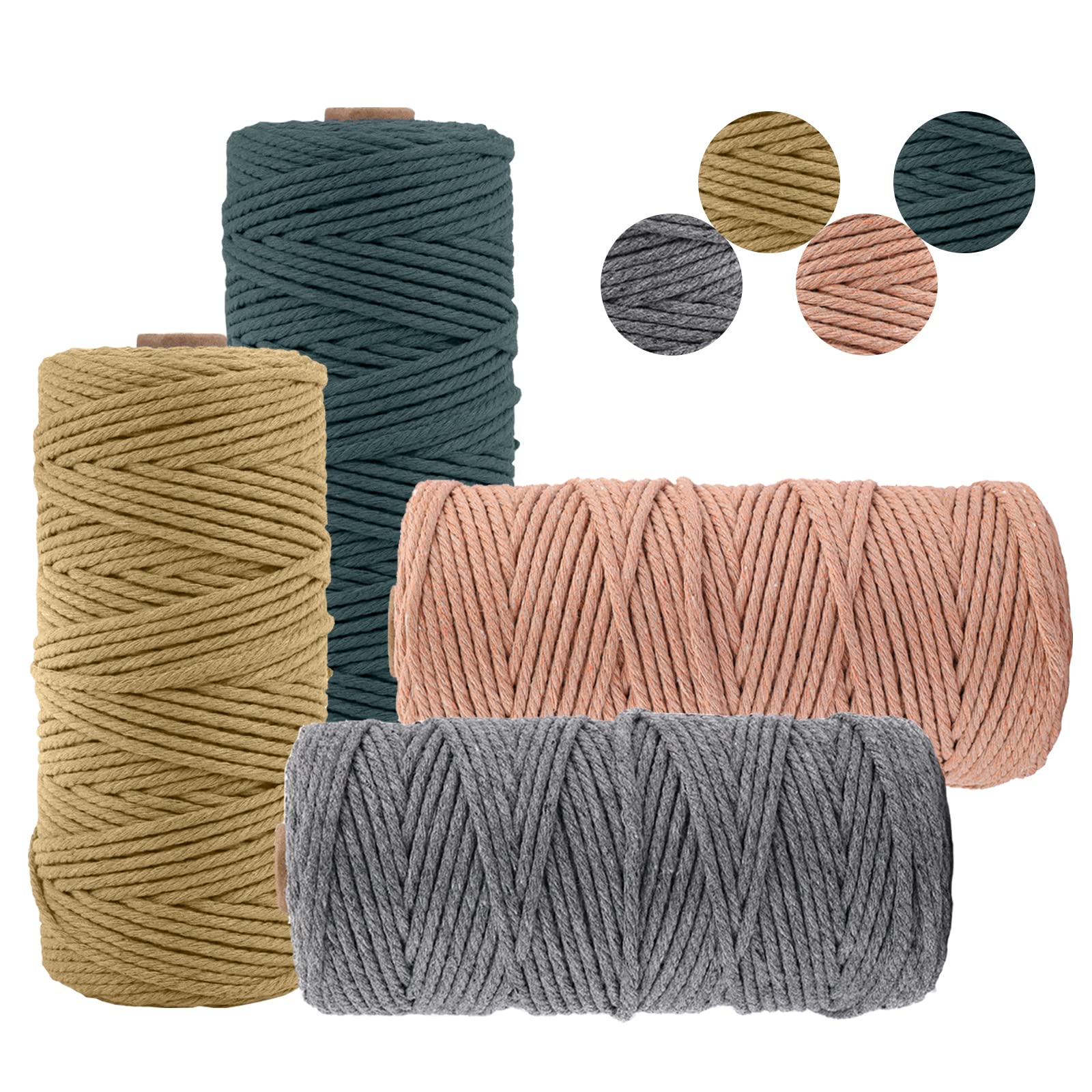 Uiopa Set of 4 Macrame Cord 3mm x 100m, Thick Natural Cotton Rope Coloured Craft String Soft Macrame Yarn Cotton String for DIY Plant Hanger, Wall Hanging, Gift Wrapping, Home Decoration () D