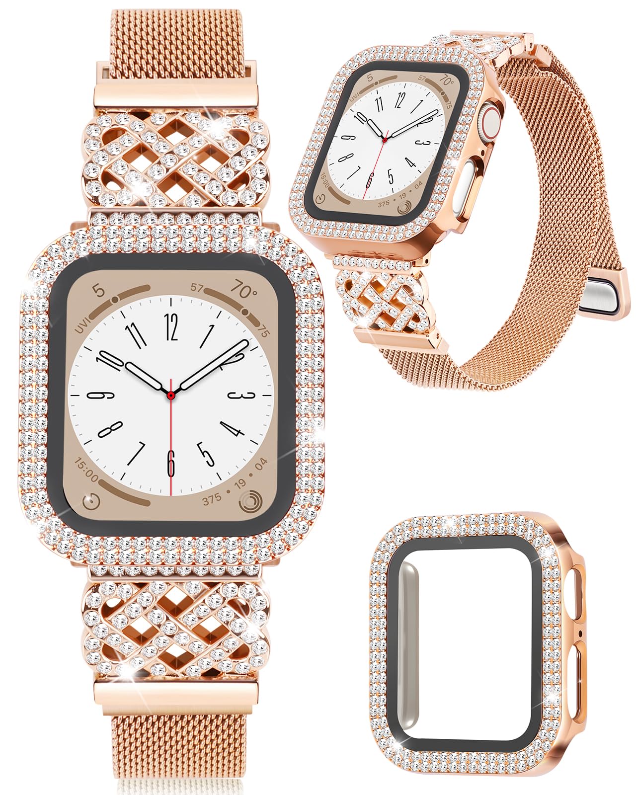 Metal Bracelet for Apple Watch Bands for Women 44mm with SE 3 Bling Case,Rose Gold Dressy Magnetic Slim Strap for iWatch Bands Series SE SE2 6 5 4 for Girl,Fancy Stainless Steel Mesh Loop iPhone Watch Band