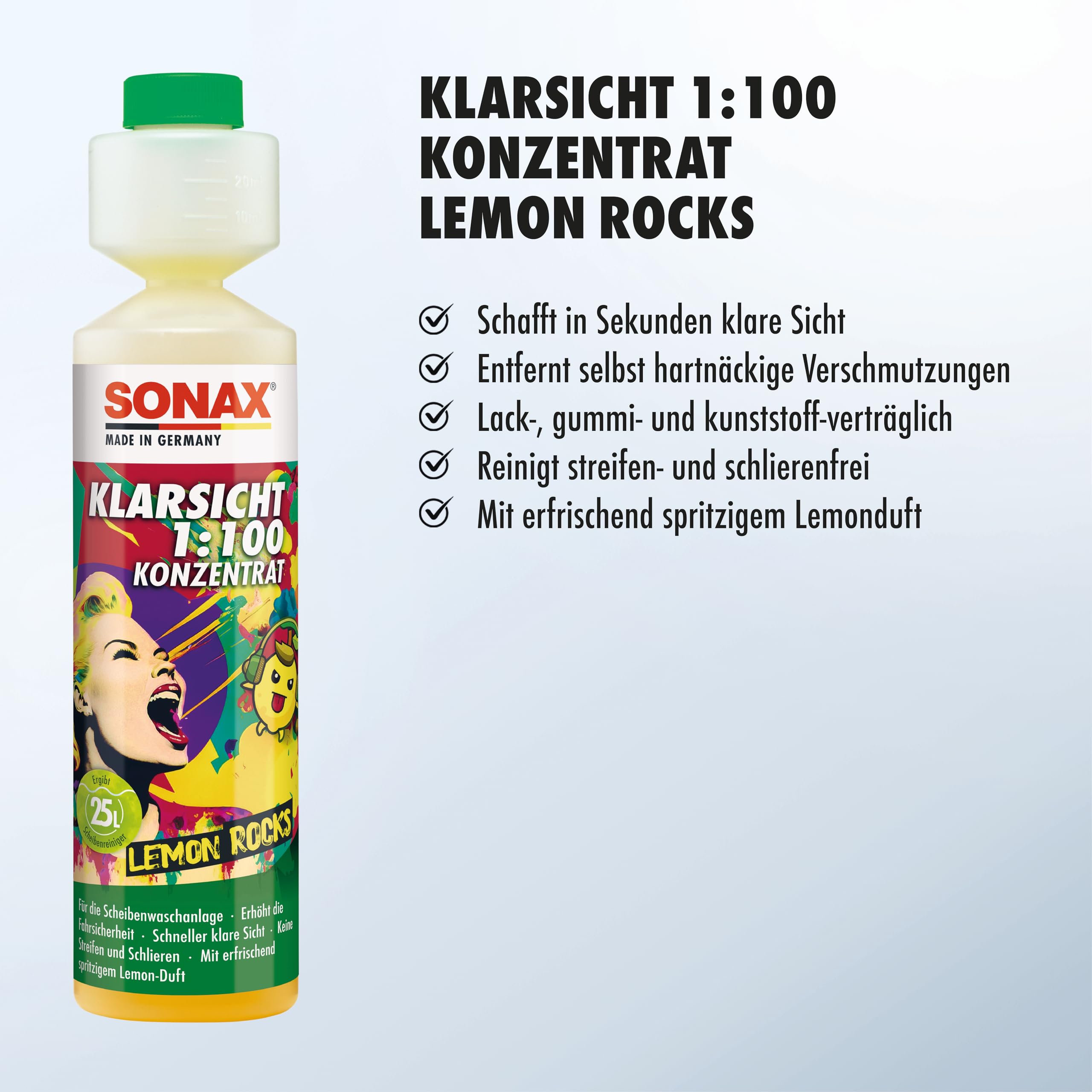 SONAX KlarSicht 1:100 Konzentrat Lemon Rocks (250 ml) Scheibenreiniger beseitigt sekundenschnell Insekten, Schmutz, Blend- & Schmierfilme | Art-Nr. 03701410 3