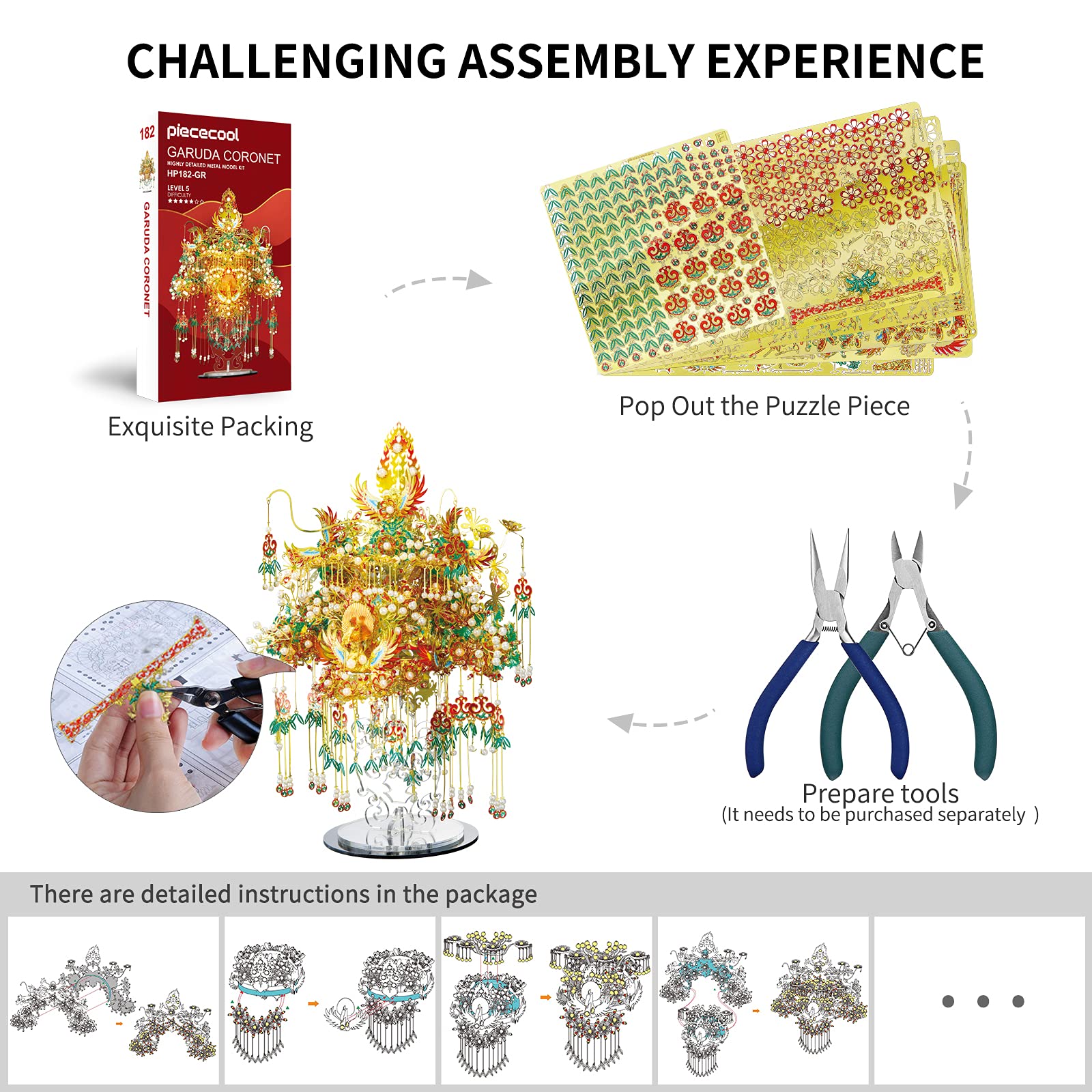 Piececool 3D Metal Asian Puzzles Model Kits- Garuda Coronet Metal Building Kit for Adults, Brain Teaser Puzzle DIY Handcraft Model Kits, Fidget 3D Puzzles Gifts for Teens Man Woman Family- 522 Pcs