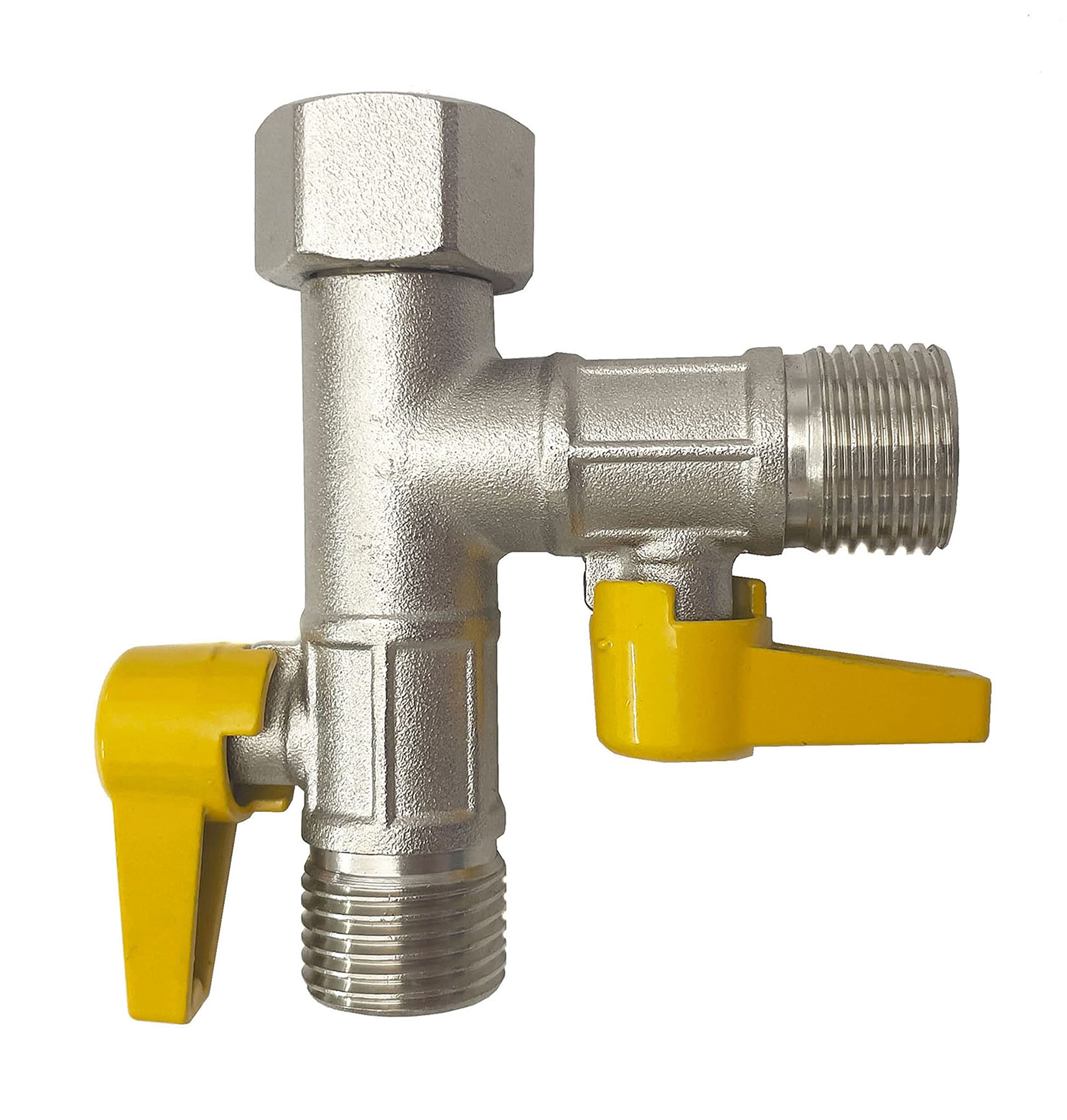 Soytich 3-way T-splitter with 2 shut-off ball valves, for connecting 2 devices/connections with 1/2 inch male thread.