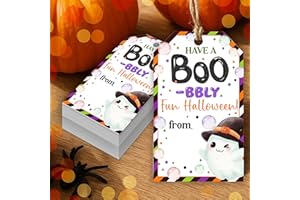 HandEasy 50 Pcs Halloween Tags with String, 2.1"×3.5" Ghost Paper Gifts Tags, Boo Trick or Treat for Candy, Halloween Gifts Tag Wrap for Party Favor - B07
