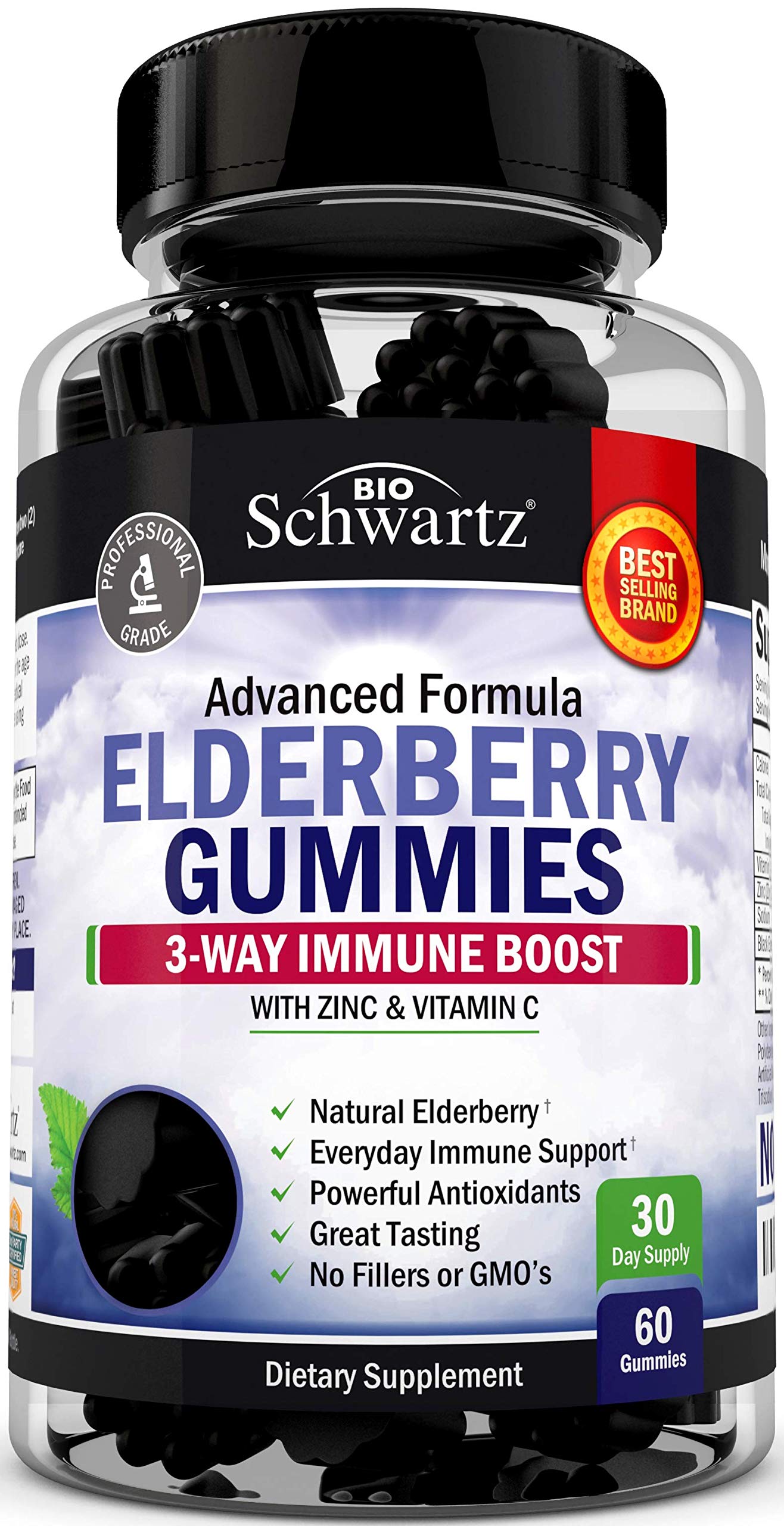 Natural Sambucus Elderberry Gummies - Dr. Approved 3-Way Immune Support with 100% Vitamin C & Zinc - Powerful Daily Vegan Herbal Gummy Supplement with Antioxidant Formula - 60 Gummies