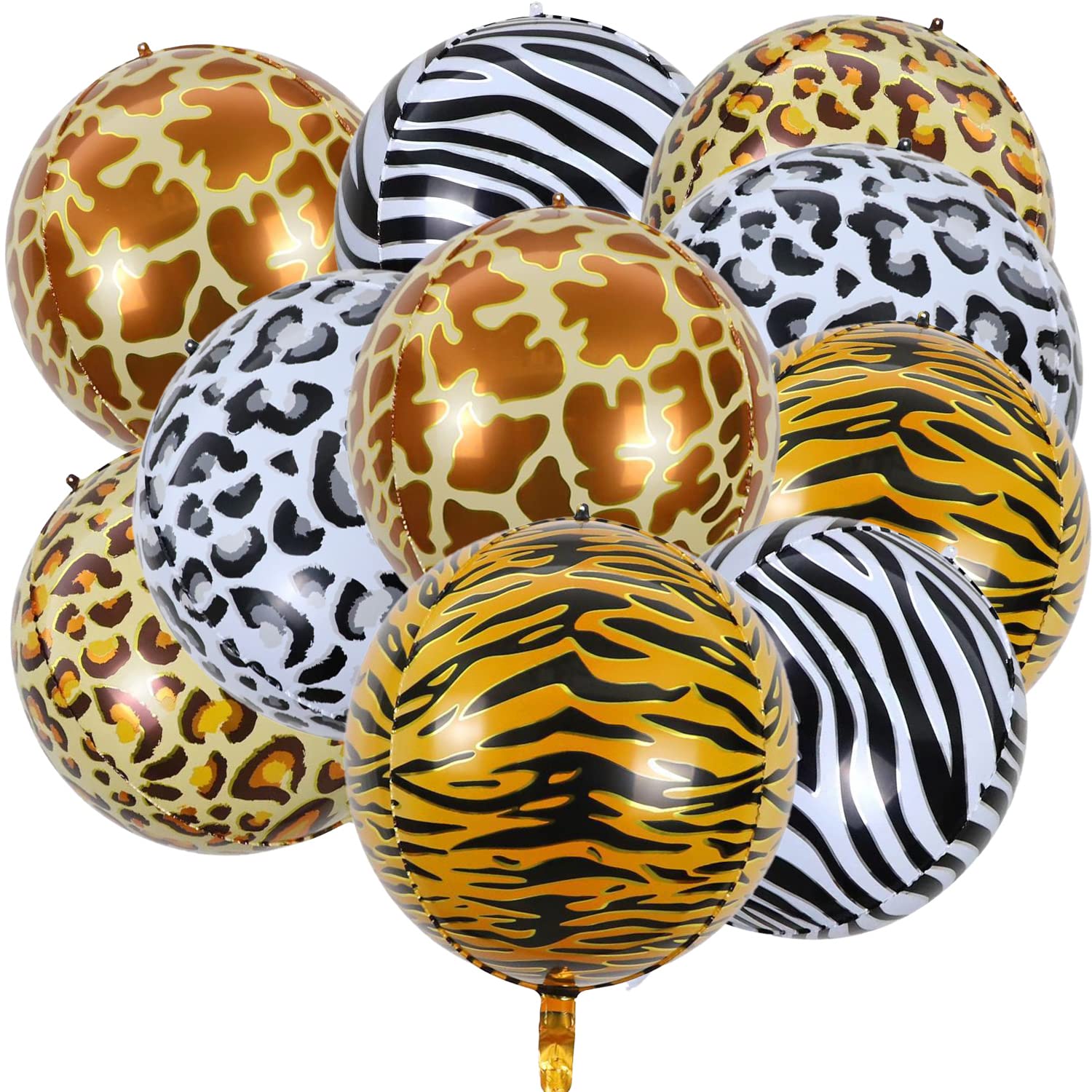 KALOR 22 Inch Jungle Animal Mylar Balloons, Large 4D Cheetah Tiger Giraffe Snake Zebra Pattern Balloons,10 Pcs Round Foil Balloon for Zoo Themed Birthday Decorations