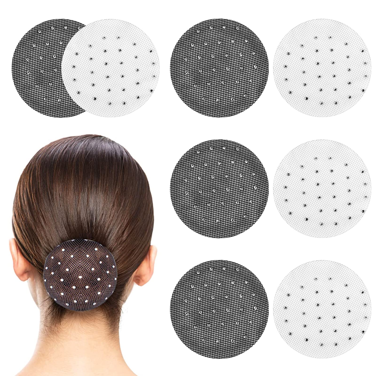 Ruicaifu 8pcs Elastic Hair Nets, Shiny Invisible Hair Net Bun Cover with Rhinestones Elastic Edge Mesh Women Hair Nets for Ballet Dancer Chef Nurse Bank Officer (Black and White)