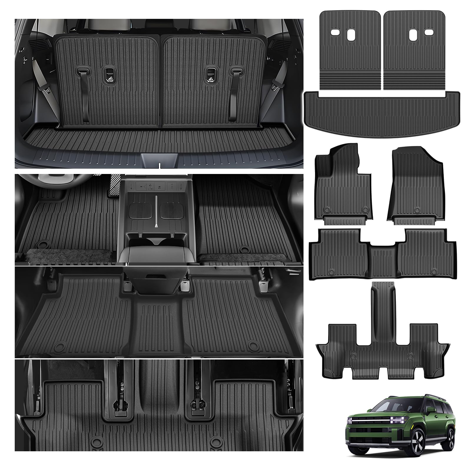 Powerty Floor Car Mat for Hyundai Santa Fe 2024 2025 2026, All Weather TPE Custom Trunk Cargo Mat Liner with Backrest Mat Replacement for Hyundai Santa Fe 6/7-seater Accessories (Include Hybrid&Gas) Image