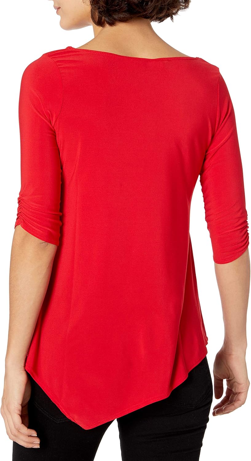 Star Vixen Women's Petite Elbow-Cinch Sleeve Hanky Hem Top: Clothing