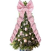 Daifunli Extra Large Pink Christmas Tree Topper Bow 20 x 47 Inches Giant Chinoiserie Pink Xmas Tree Topper Decor Big Wreath Bow Ornaments for Door Holiday Party Supplies Indoor Outdoor Home Decor