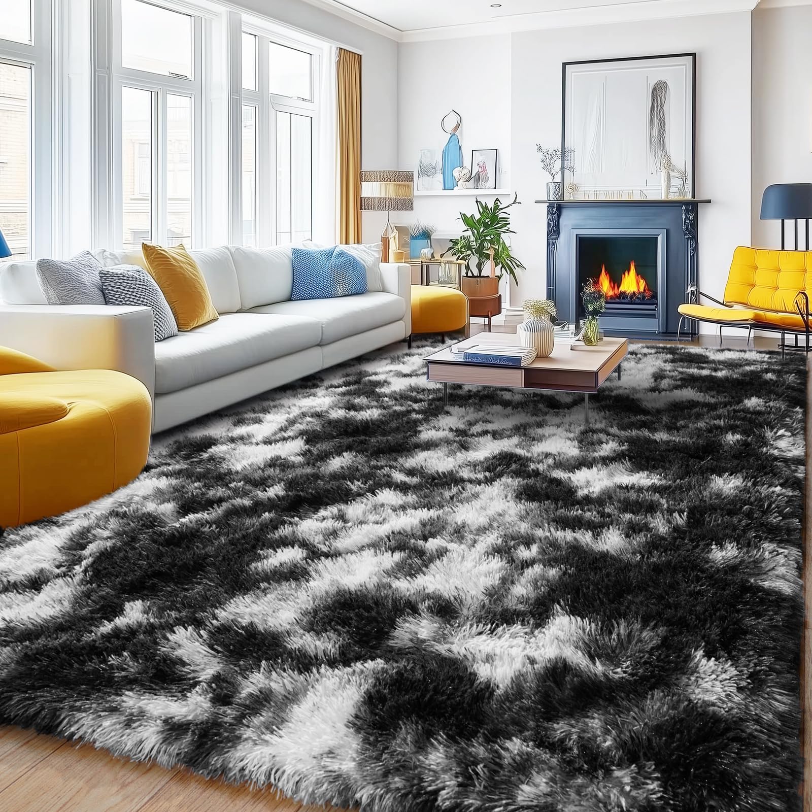 Photo 1 of PIPABOBO Black and White Rug for Living Room, 8x10 Fluffy Plush Area Rugs Anti-Skid Floor Carpets, Ultra Soft Modern Indoor Shag Rug for Bedroom Kids Room Nursery Dorm Home Decor Aesthetic