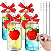 Funnymoom 4 Set Valentines Day Teacher Glass Cups Gifts Personalized Apple Pattern Drinking Tumbler with Lids and Straws 16 oz Iced Coffee Cups with Bows for Women Birthday Appreciation Gift(Red)