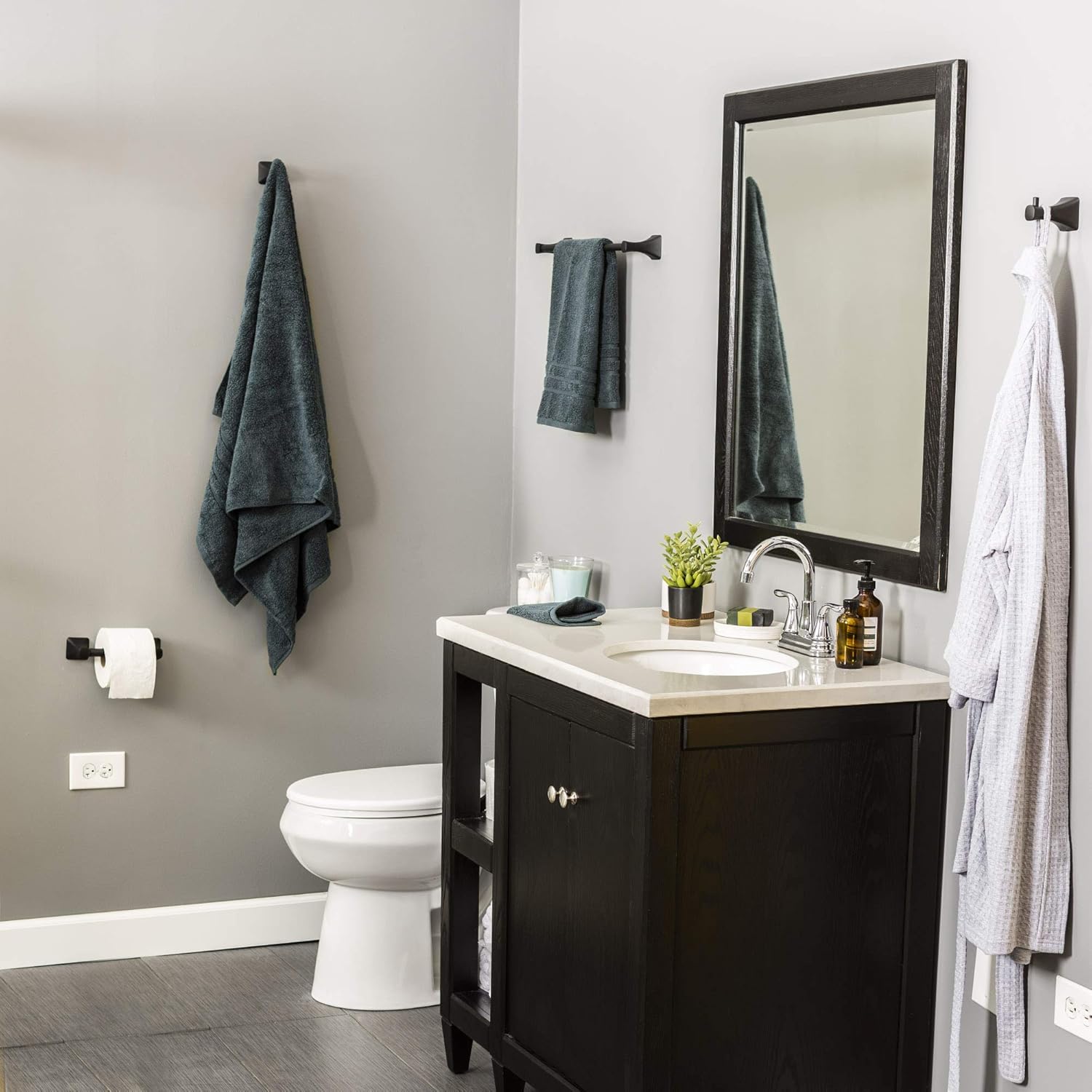 JS Jackson Supplies 4 Piece Soft Square Bathroom Hardware Kit - Includes 18" Towel Bar, Toilet Paper Holder, and Robe Hooks, Wall Mounted Stainless Steel Bathware Accessory Set, Black Finish: Home & Kitchen