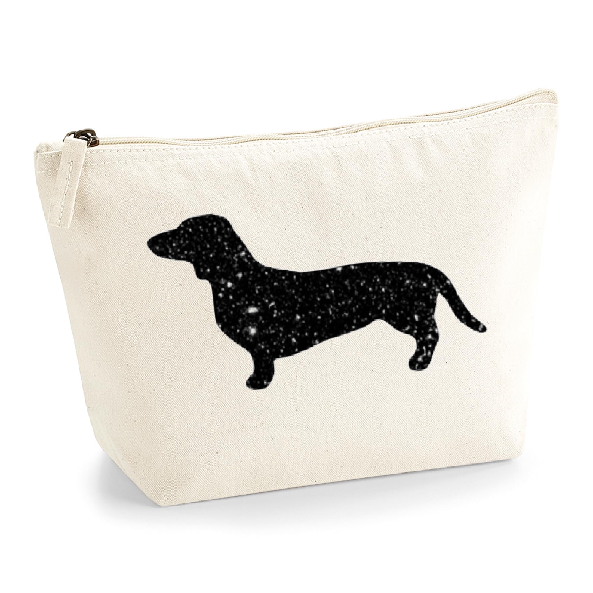 Dachshund Canvas Bag – Natural Organic Cotton Makeup or Accessory Pouch with Black Glitter Sausage Dog Design – Gift for Dog Lovers