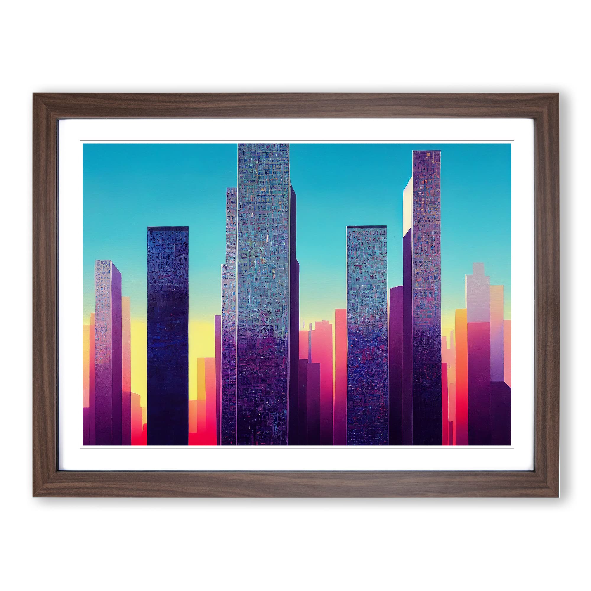 Edgy City Skyline Architecture Framed Print | A4 Walnut Framed Wall Art | Ready to Hang | Modern Cityscape Picture | Living Room Bedroom Lounge Office