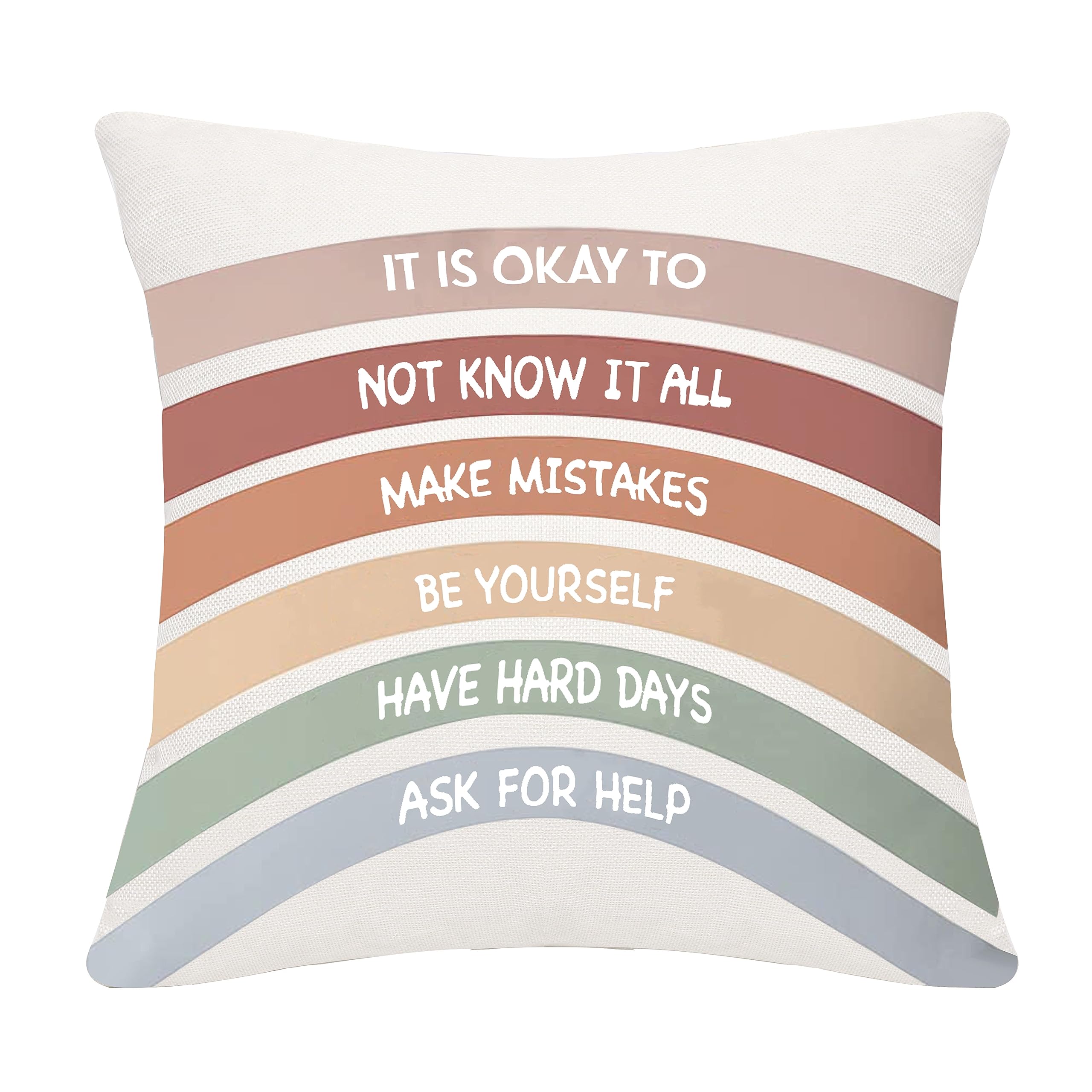 Bommex Inspirational Quote It Is Okay To Not Know It All Make Mistakes Be Yourself Have Hard Days Ask for Help Rainbow Cushion Cover for Kids Teens Adults Inspirational Gift(IT IS OKAY-RAINBOW)