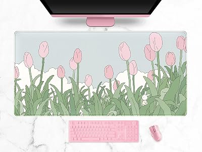 Tapete de rato sem fios, para jogos, XXL oversized, para desktop, anime kawaii, bordas cosidas, 80 x 40 cm, design de tulipas cor-de-rosa e verde