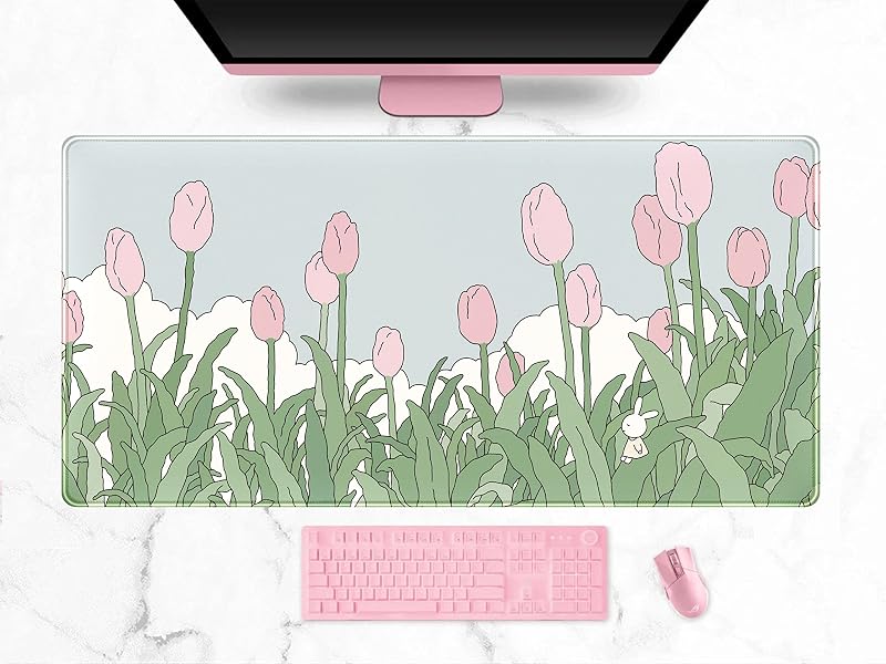 Alfombrilla para ratón inalámbrico, para juegos, extragrande XXL, para escritorio, anime kawaii, bordes cosidos, 80 x 40 cm, diseño de tulipán rosa y verde