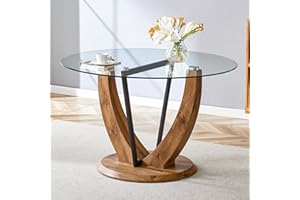 48 Inch Round Glass Dining Table for 2–4 People, Clear Tempered Glass Top, Wood Grain MDF Base with Black Metal Support, Mode