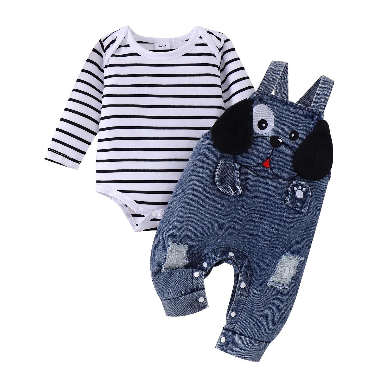 Photo 1 of 0-3 Months Baby Boy Clothes Newborn Long Sleeve Cute Romper + Cartoon Animal Adjustable Jeans Suspender Overalls Jumpsuit Fall Winter Outfits Black 0-3 Months