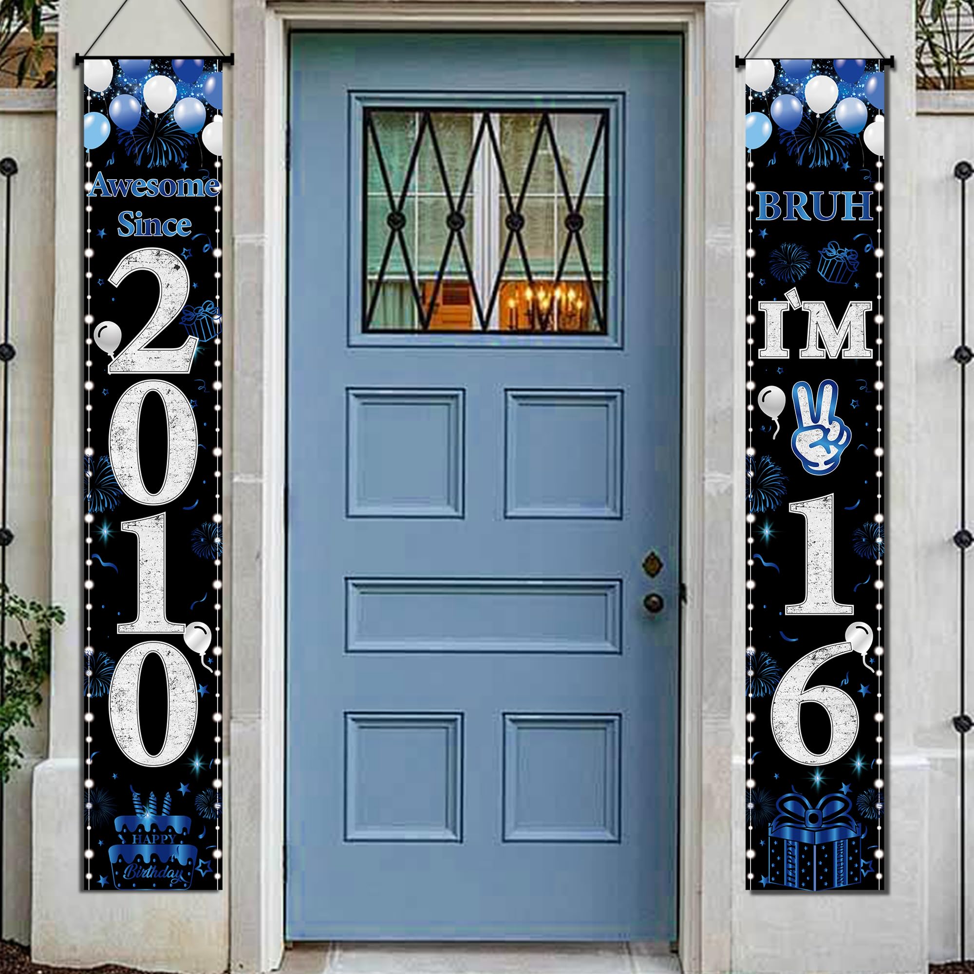 16th Birthday Decorations Door Banner - 2 Pcs Blue Awesome Since 2010 Bruh I'm 16 Happy Birthday Party Banners Porch Sign for Teenager Sweet 16 Girls Boys Party Background Decor Supplies, 180 × 30 cm