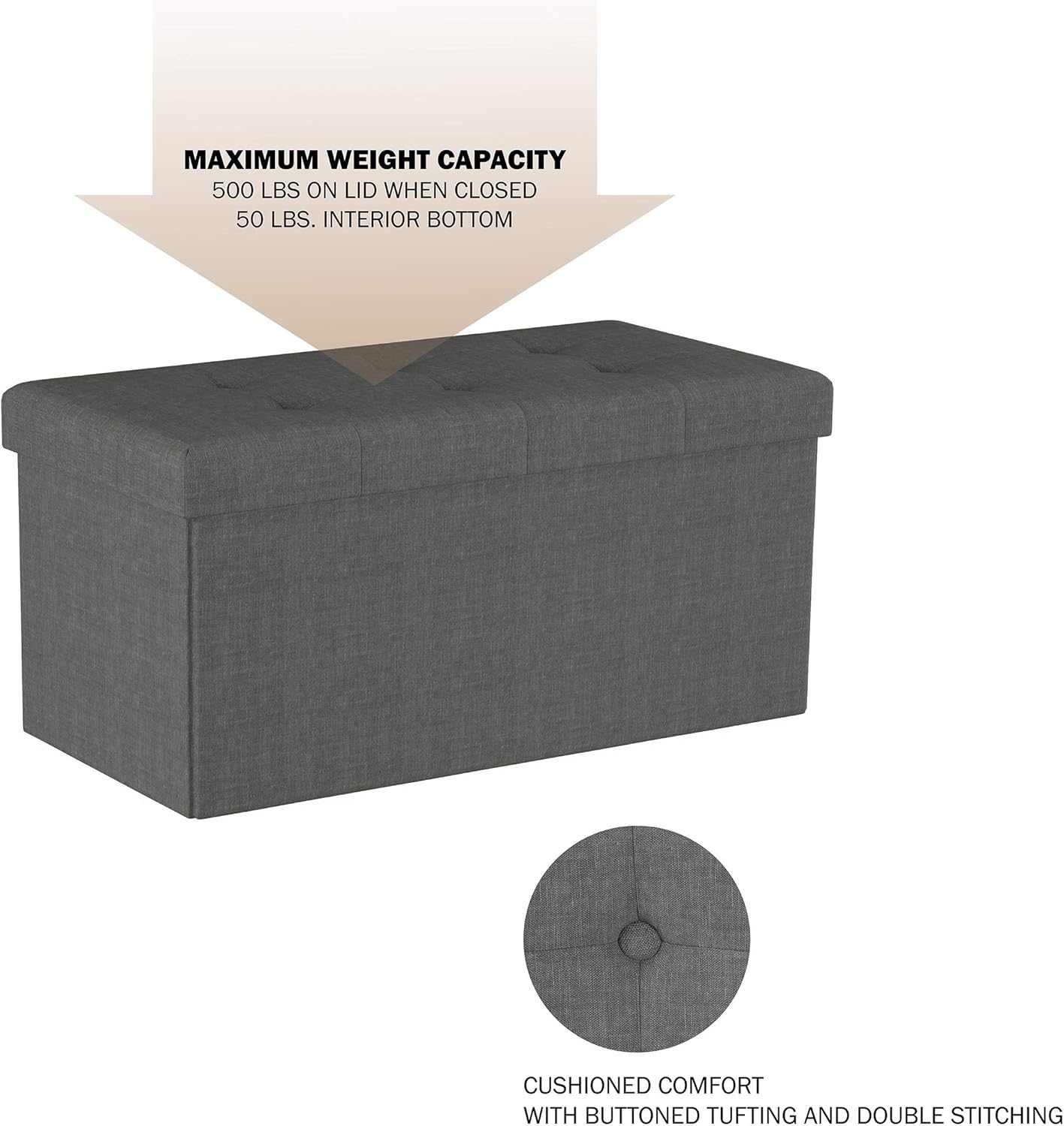 Lavish Home Large Folding Storage Bench Ottoman – Tufted Cube Organizer Furniture with Removeable Bin for Home, Bedroom, Living Room (Grey),: Kitchen & Dining