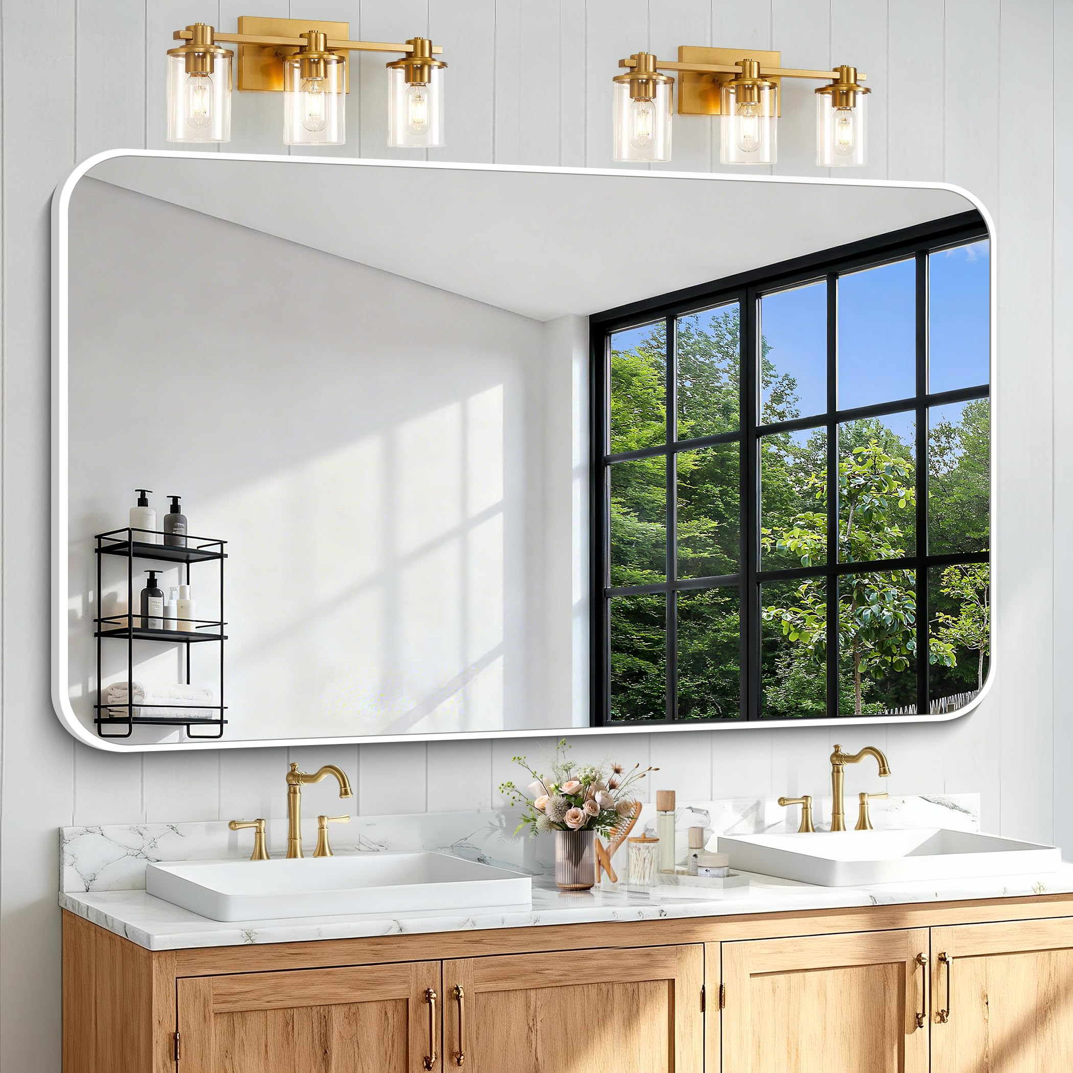 BONEWEI White Bathroom Mirror,60x36 inch Wall Mirror for Bathroom Wall Mounted,Rectangle Mirror for Bathroom Over Sink,Modern Frame Round Corner for Living Room,Bedroom Entryway,Horizontal/Vertical Image