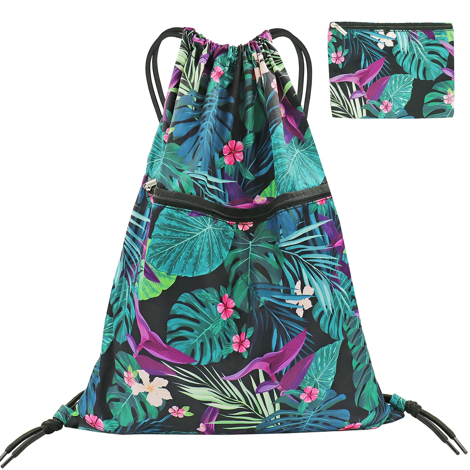 FenFang Drawstring Bags Large, Light PE Bags for School Children Boys Girls, Gym Sack Trainer Travel Sports Swimming Sackpack Backpack Rucksack String for Holiday Yoga Men Women Black Flower