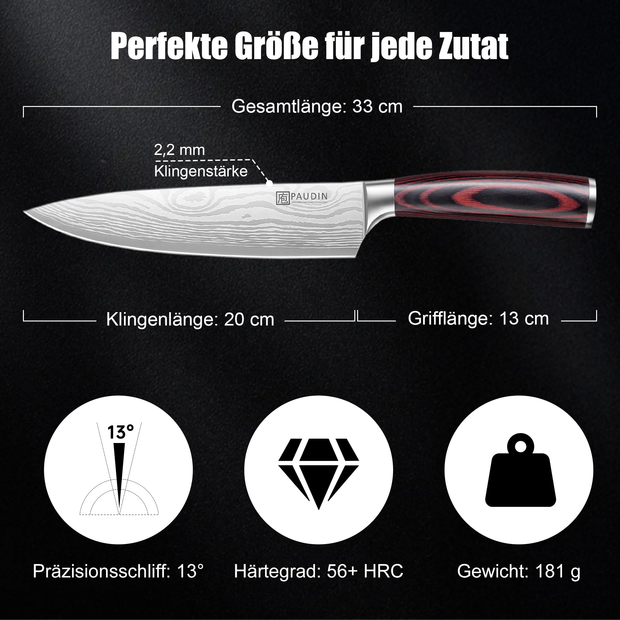 PAUDIN Kochmesser, Klingenlänge 20 cm Profi Küchenmesser Messer Chefmesser Allzweckmesser aus hochwertigem Carbon Edelstahl, Extra Scharfe Messerklinge mit ergonomischem Griff 5