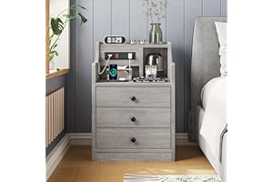 Tiptiper Nightstand with Charging Station, Grey Night Stands with Hutch, 3 Drawers Bedroom End Table Bedside Table with 2 USB Ports & 2 Outlets