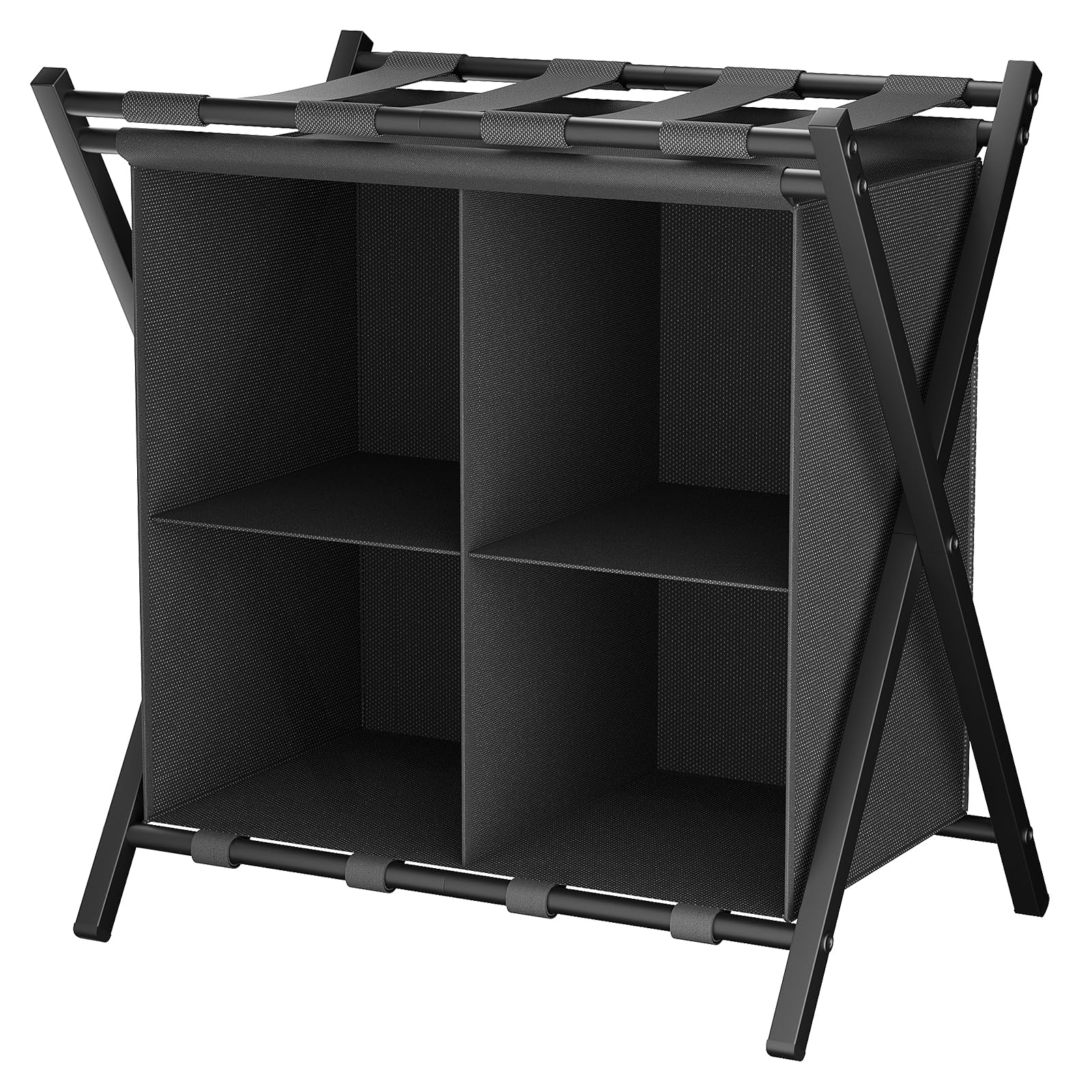 Folding Metal Luggage Rack, Suitcase Stand with Storage Shelf, Portable Luggage Rack for Guest Room, 2 Tier Luggage Stand Holder for Hotel Bedroom, Suit Case Holder Travel Chest Storage Stand,1x Black