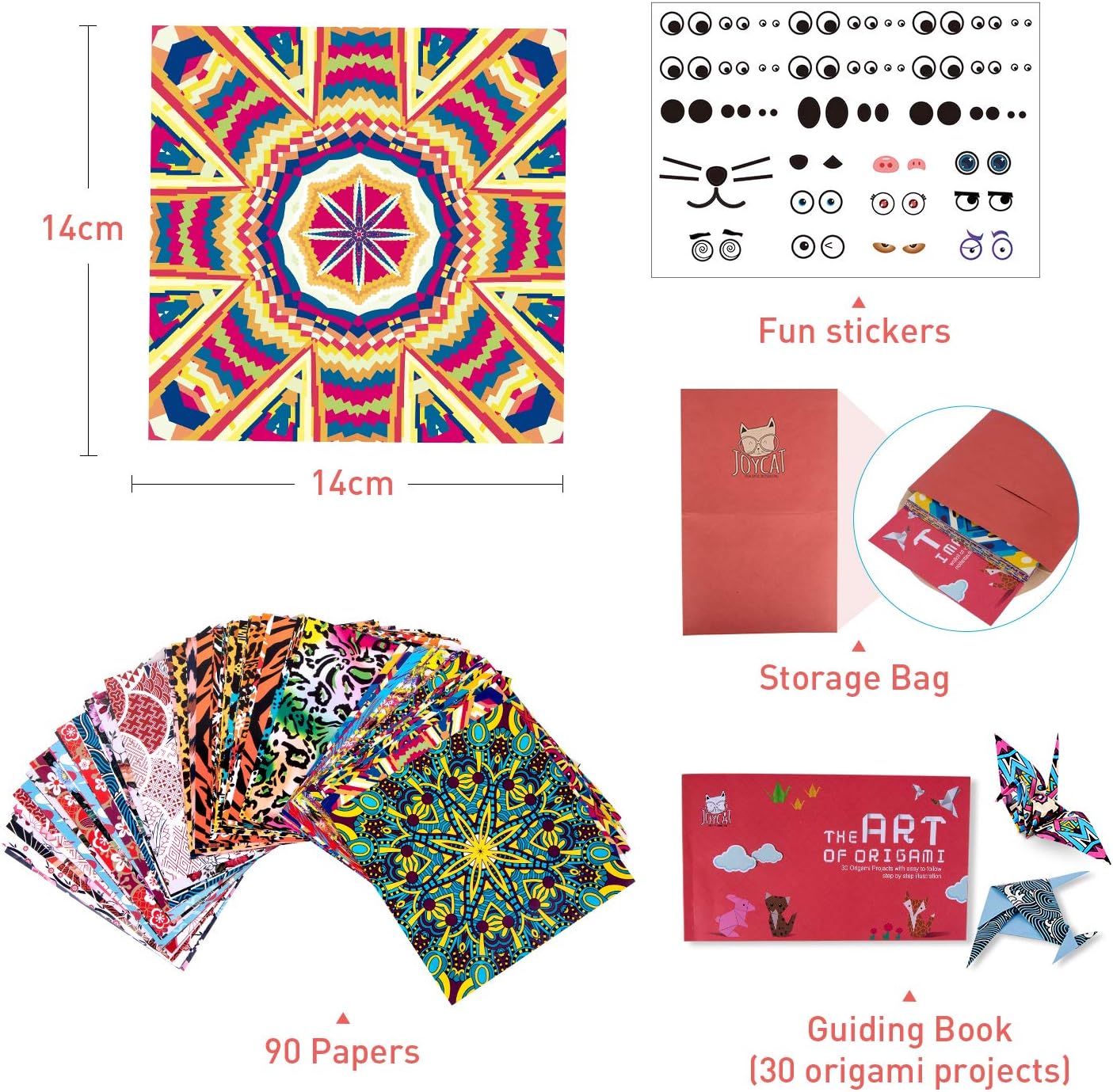 JoyCat Origami Paper Kit, 90 Sheets Double Sided Origami Paper, Kaleidoscope, Japanese and Animal Patterns, 30 Origami Projects Craft Guiding Booklet for Beginner Training and School Craft Lessons…
