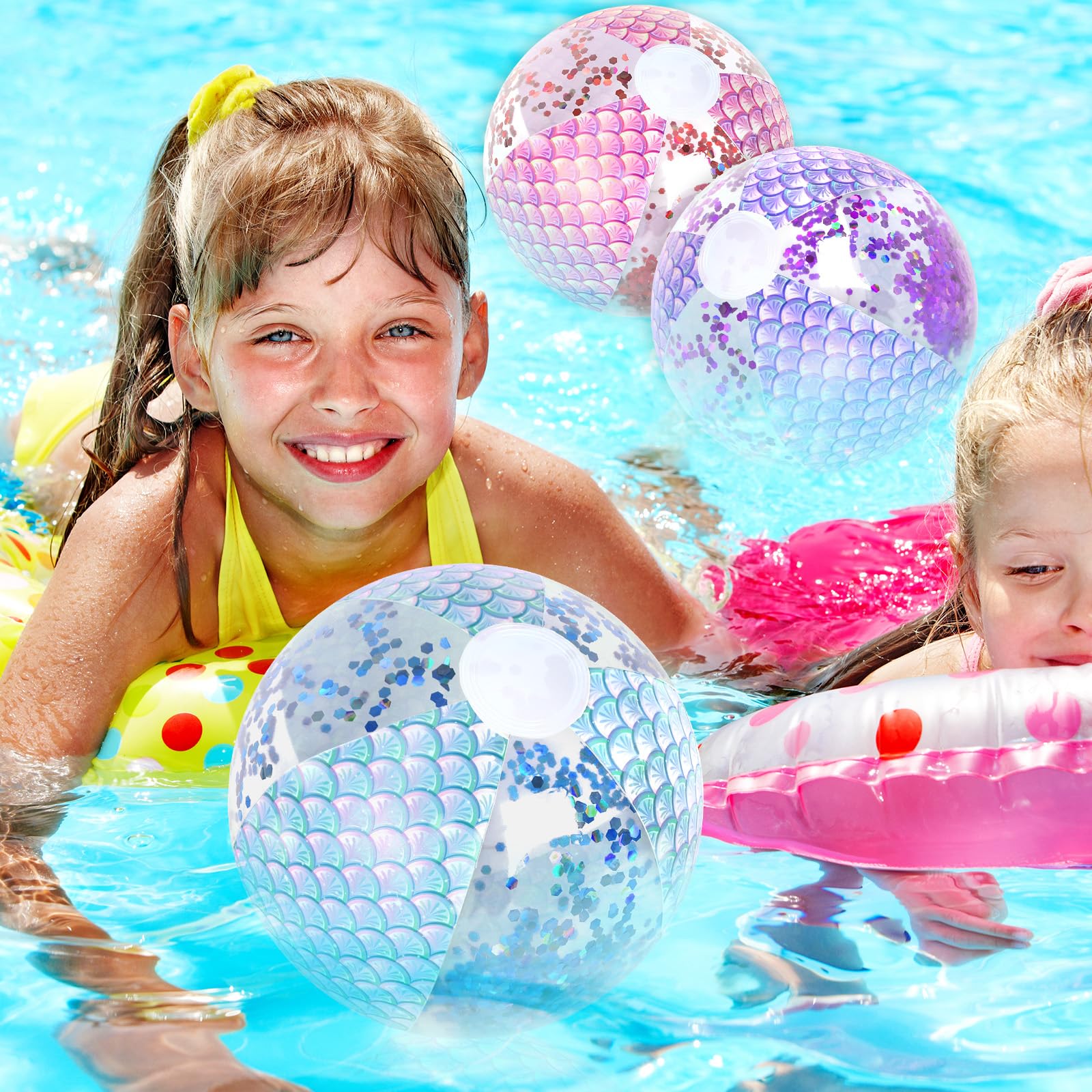 Whaline 3Pcs 16'' Mermaid Inflatable Beach Ball Glitter Pool PVC Balls Game Play Balloons for Summer Hawaiian Tropical Theme Beach Party Decorations Water Sand Game Accessory, Pink Blue Purple