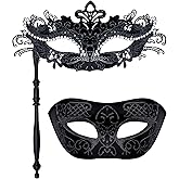 SIQUK Couple Masquerade Masks with Stick Venetian Party Mask Halloween Costume Carnival Mask for Couples Women and Men