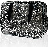 TotePrint Black Holographic Star Cosmetic Bag for Women 11.8x5.1x8.2 Inches Portable Travel Toiletry Bag with Handles,Durable PVC Material,Zipper Design-Ideal Large Clear Makeup Organizer