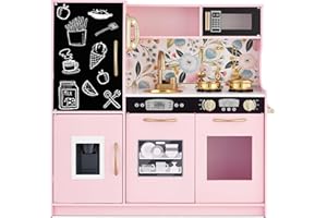 Best Choice Products Pretend Play Kitchen Wooden Toy Set for Kids w/Realistic Design, Telephone, Utensils, Oven, Microwave, Sink - Pink Floral