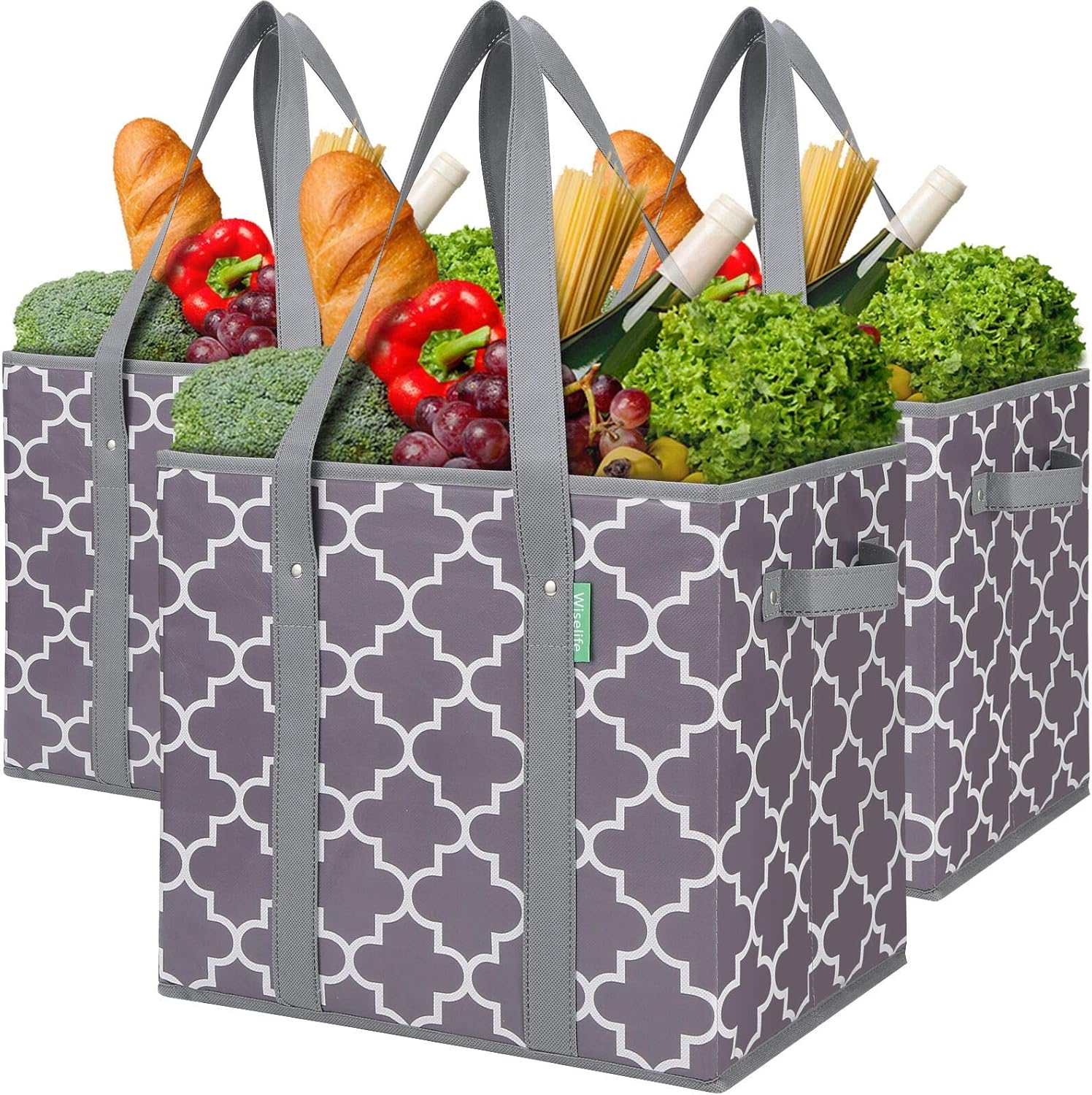WiseLife 3Pack Reusable Grocery Bags Foldable Washable Storage Bins