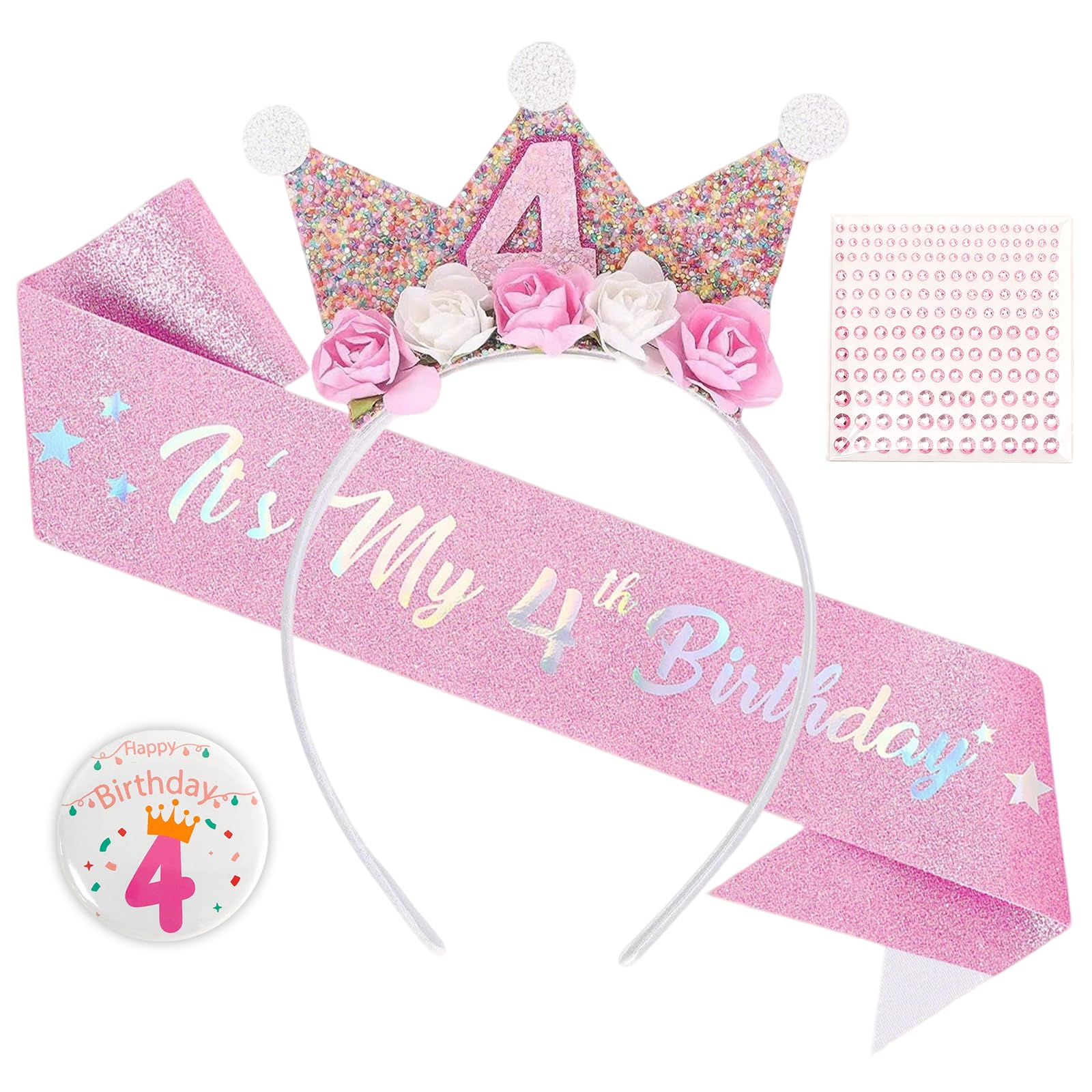 Sotbnna 4 Pcs 4th Birthday Decorations Girl Set,Birthday Girl Headband,Glitter Flower Crown & Badge, Princess Party Hat for 4 Year Old Girls, Happy Birthday Party Decorations with Floral Headbands