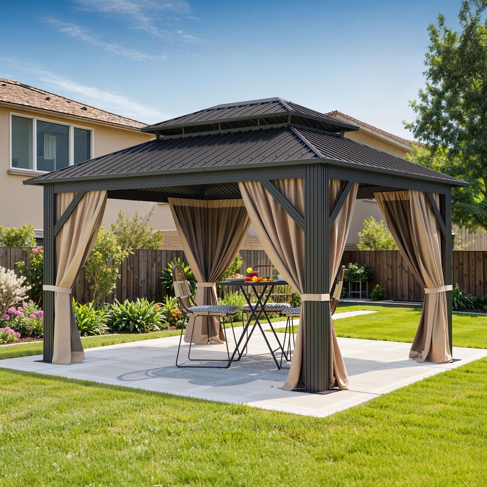 Photo 1 of ***PARTIAL SET - PRICE ADJUSTED*** DWVO 12x14ft Hardtop Gazebo Double Roof with Nettings and Curtains, Heavy Duty Galvanized Steel Outdoor Vertical Stripes Roof for Patio, Backyard, Deck, Lawns, Brown