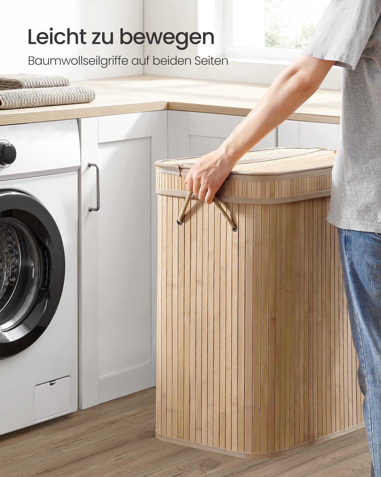 SONGMICS Wäschekorb mit Deckel, Wäschesammler Bambus, Wäschesack herausnehmbar und maschinenwaschbar, mit Griffen, 100 Liter, für Waschküche, Schlafzimmer, Wohnzimmer, naturbeige LCB063N01 6
