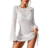 Fayenne Womens Swimsuit Cover Up Crochet Coverups Hollow Out Bell Long Sleeve Drawstring Bathing Suits Swim Coverup