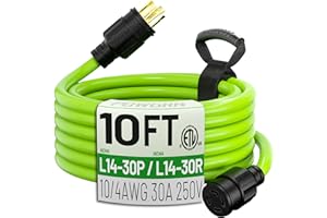 POWGRN 10Feet 30 Amp Generator Extension Cord 4 Prong,Heavy Duty NEMA L14-30P/L14-30R,125/250V 7500W,Green 10 Gauge STW Twist Locking Generator to House Power Cords with Cord Organizer,ETL Listed
