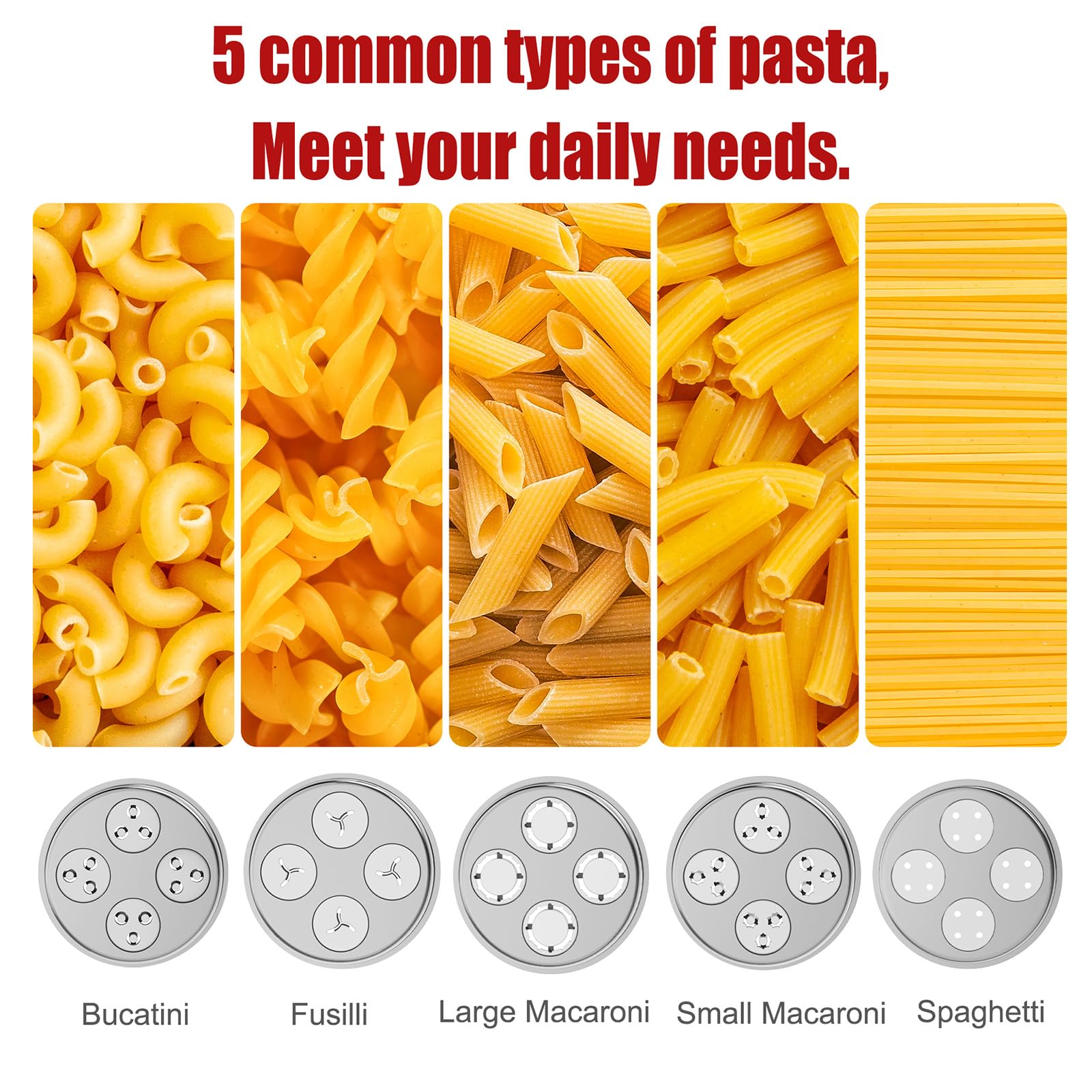 Metal Gourmet Pasta Press Attachment for KitchenAid Stand Mixer – Durable Pasta Maker Attachment with 5 Interchangeable Plates for Spaghetti, Bucatini, Fusilli, Large & Small Macaroni