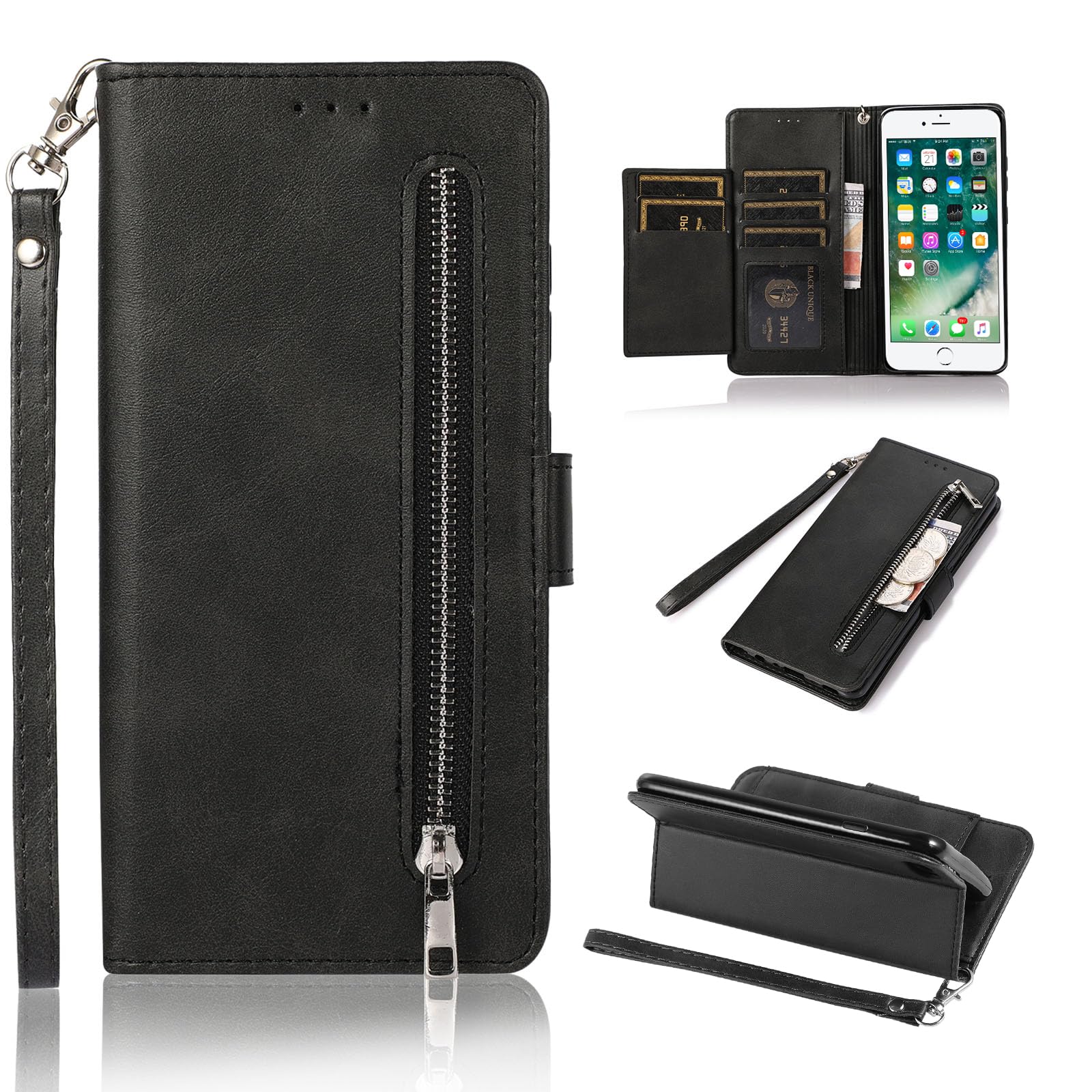 EYZUTAK Wallet Case for iPhone 6/6S, 5 Card Slots Magnetic Closure Zipper Pocket PU Leather Flip Case with Wrist Strap TPU Kickstand - Black