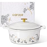 CAROTE 5QT Cast Iron Dutch Oven Pot with Lid, Enameled Floral Dutch Ovens with Gift Box, Cast Iron Pot for Sourdough Bread Baking, Braising, Stews, Roasting, Dual Handles, Healthy & Non-Toxic, All Stovetop Compatible, Oven Safe up to 500° F, White